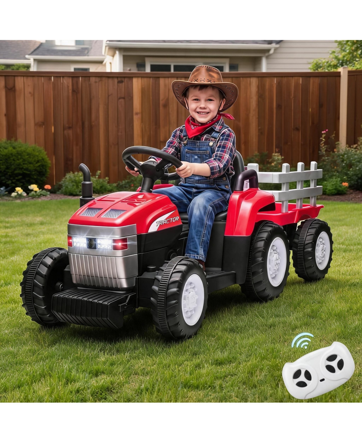 homfan 12V Ride-On Tractor with Remote Control and Detachable Trailer, 77 lb Capacity, Ages 3-8 - Red