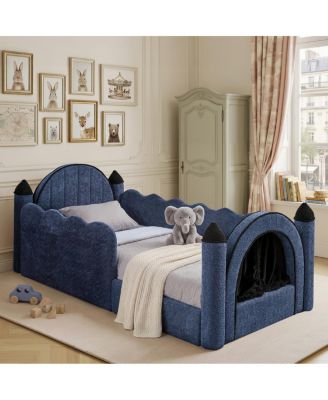 Twin Size Wood Castle Bed with Guardrail, Curtain and Boucle Fabric