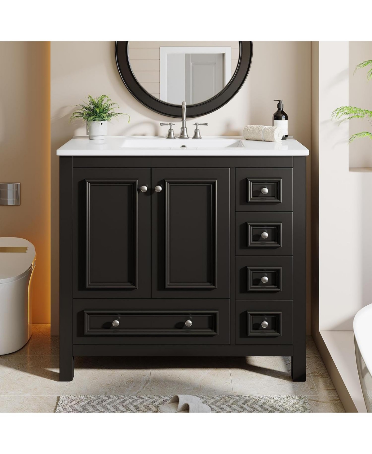 Tribesigns 36-Inch Bathroom Vanity with Sink, Solid Wooden Frame - Black