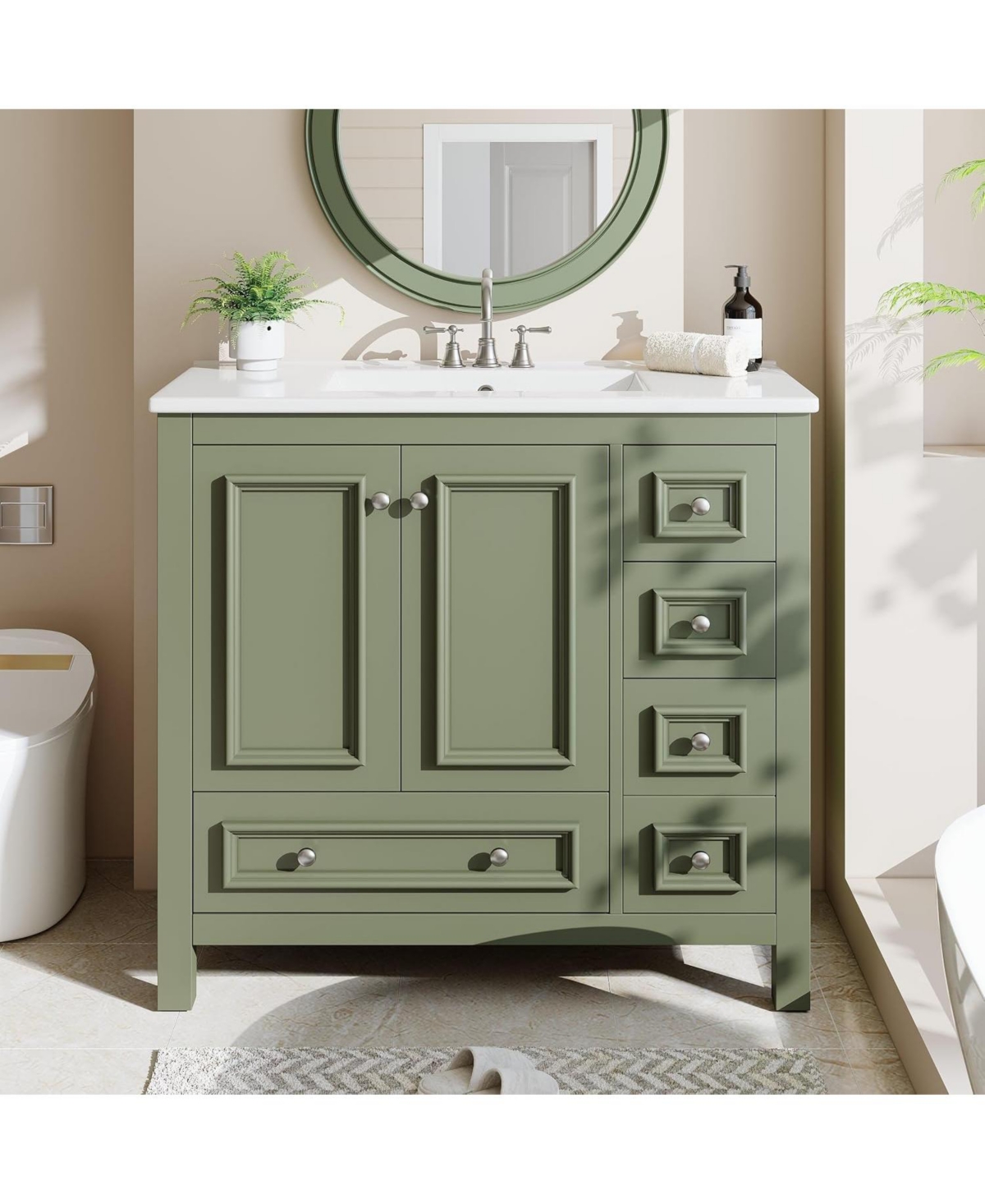 Tribesigns 36-Inch Bathroom Vanity with Sink, Solid Wooden Frame - Olive green