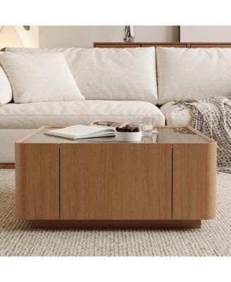 31.5" Square Coffee Table, Glass Top Wooden Table with 2 Drawers for Living Room Office