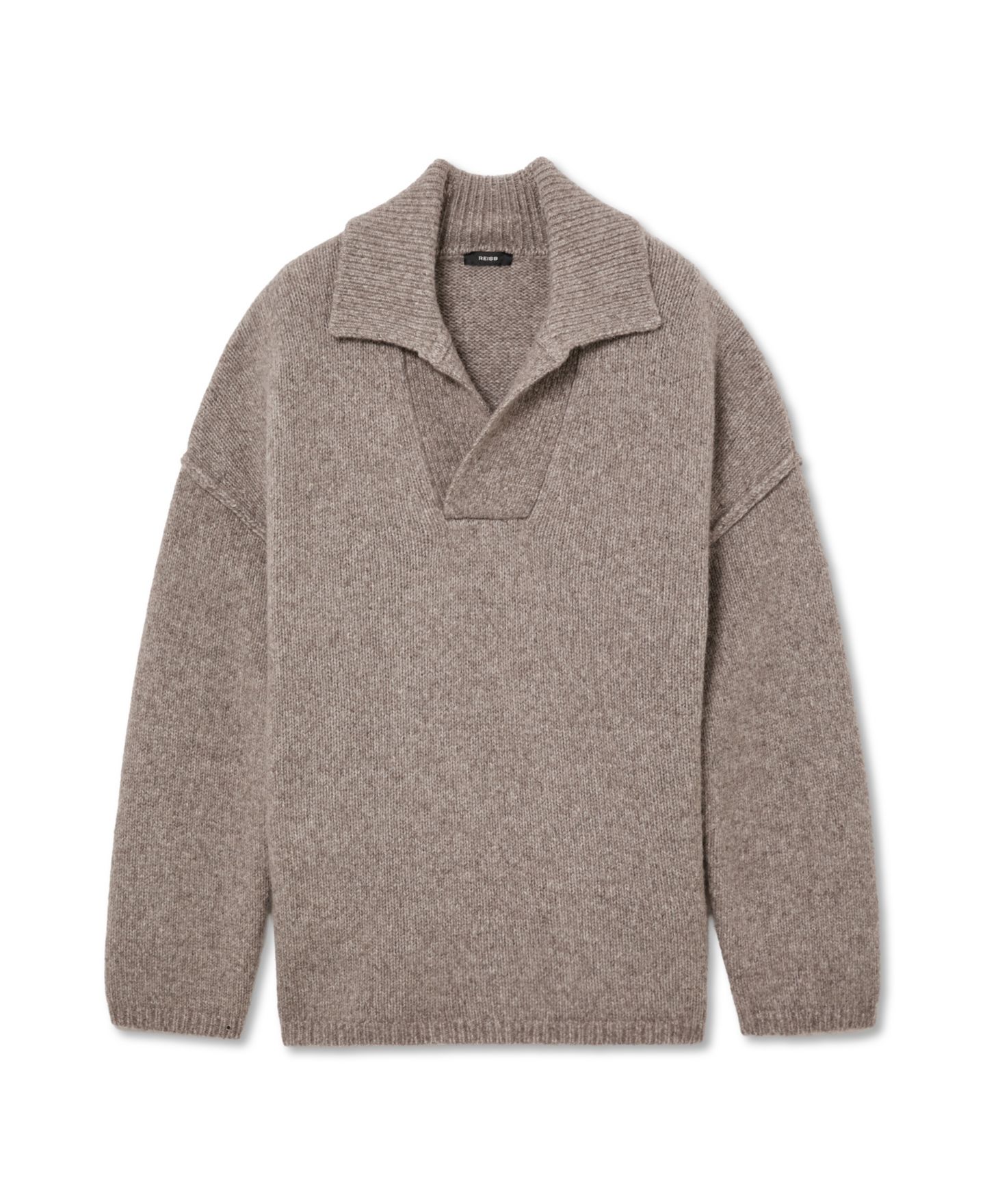Мужской свитер REISS Vatali Open-Collar Wool-Blend Melange-Knit Pullover, цвет: Серо-коричневый коричневый меланжевый — фото 5