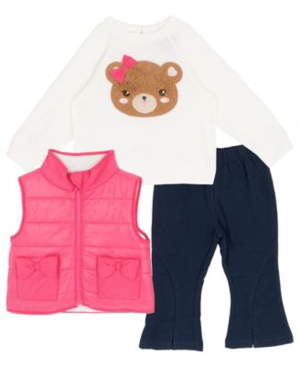 Baby Girls' Hacci-Knit Faux-Fur Teddy Bear Applique Sweatshirt, Vest and Leggings, 3-Piece Set