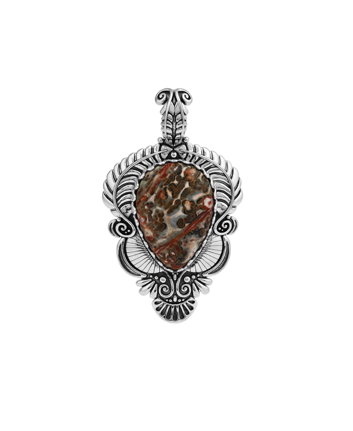 American West Jewelry Pear-Cut Leopard Jasper Sterling Silver Oxidized Leaf Pendant Enhancer - Leopard jasper