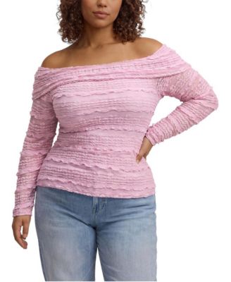 Plus Size Off-Shoulder Lace Knit Long-Sleeve Blouse
