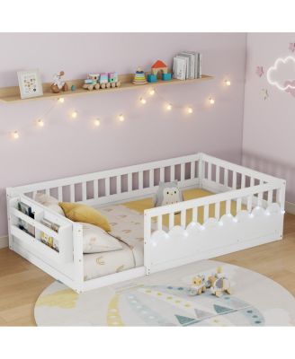 Twin Montessori Floor Bed with Rails, Light, Storage