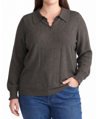 Plus Size Savvy Fine-Knit Fitted Polo Sweater
