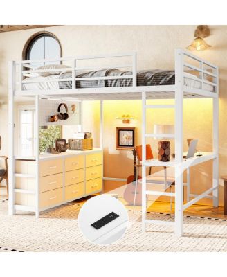 Full Size Loft Bed with Desk, Drawers, LED Light, and USB