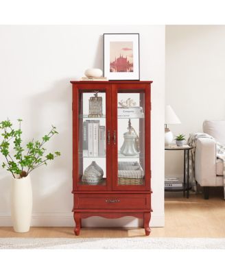  Lighted Glass Curio Display Cabinet with 2 Doors, 1 Drawer, and Adjustable Shelves