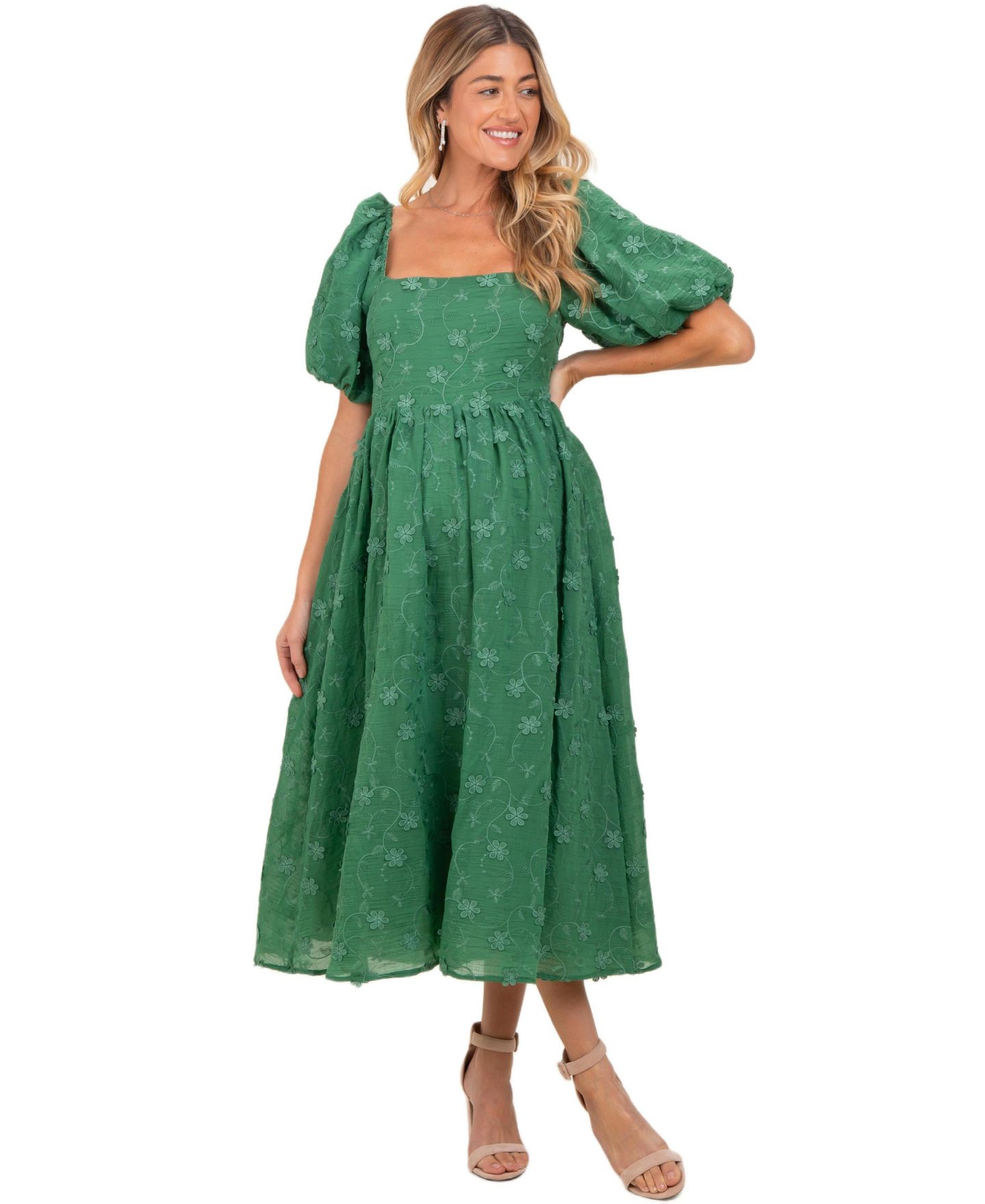 Женское платье Pinkblush Embroidered Floral Puff Sleeve Midi, цвет: Тёмно-зелёный — фото 2
