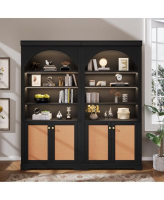 Tall LED Bookshelf Suite with Rattan Doors and Adjustable Shelves