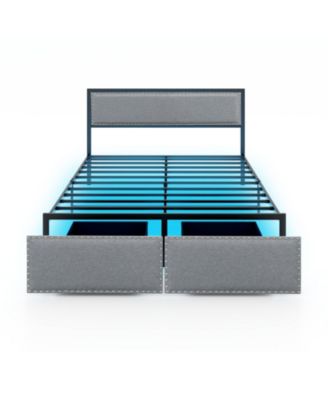 Queen Bed Frame with LED Lights, Storage Drawer and Slats