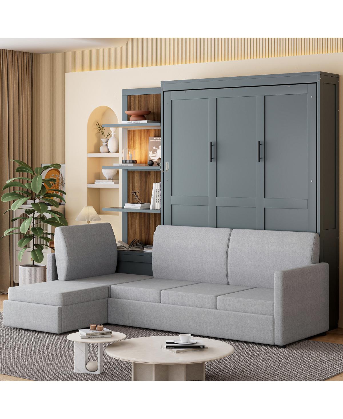 Streamdale Furniture Queen Size Murphy Bed Wall Bed with Sofa and Shelves - Gray