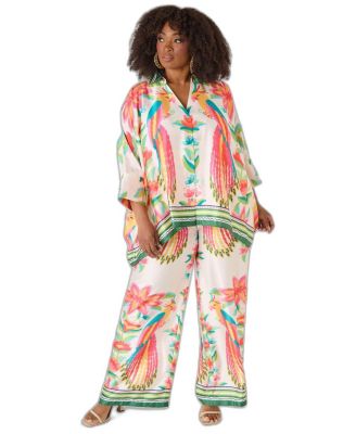 Plus Size High-Rise Parrot-Print Wide-Leg Pants