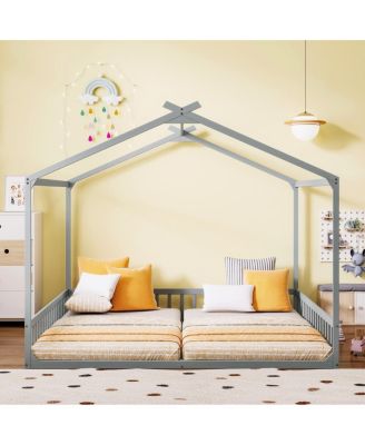 Double Twin House-Shaped Floor Bed with Safety Guardrails, without door