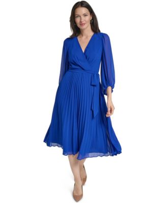 Women's 3/4 Ballon Pleated V-Neck Surplice Midi Dress