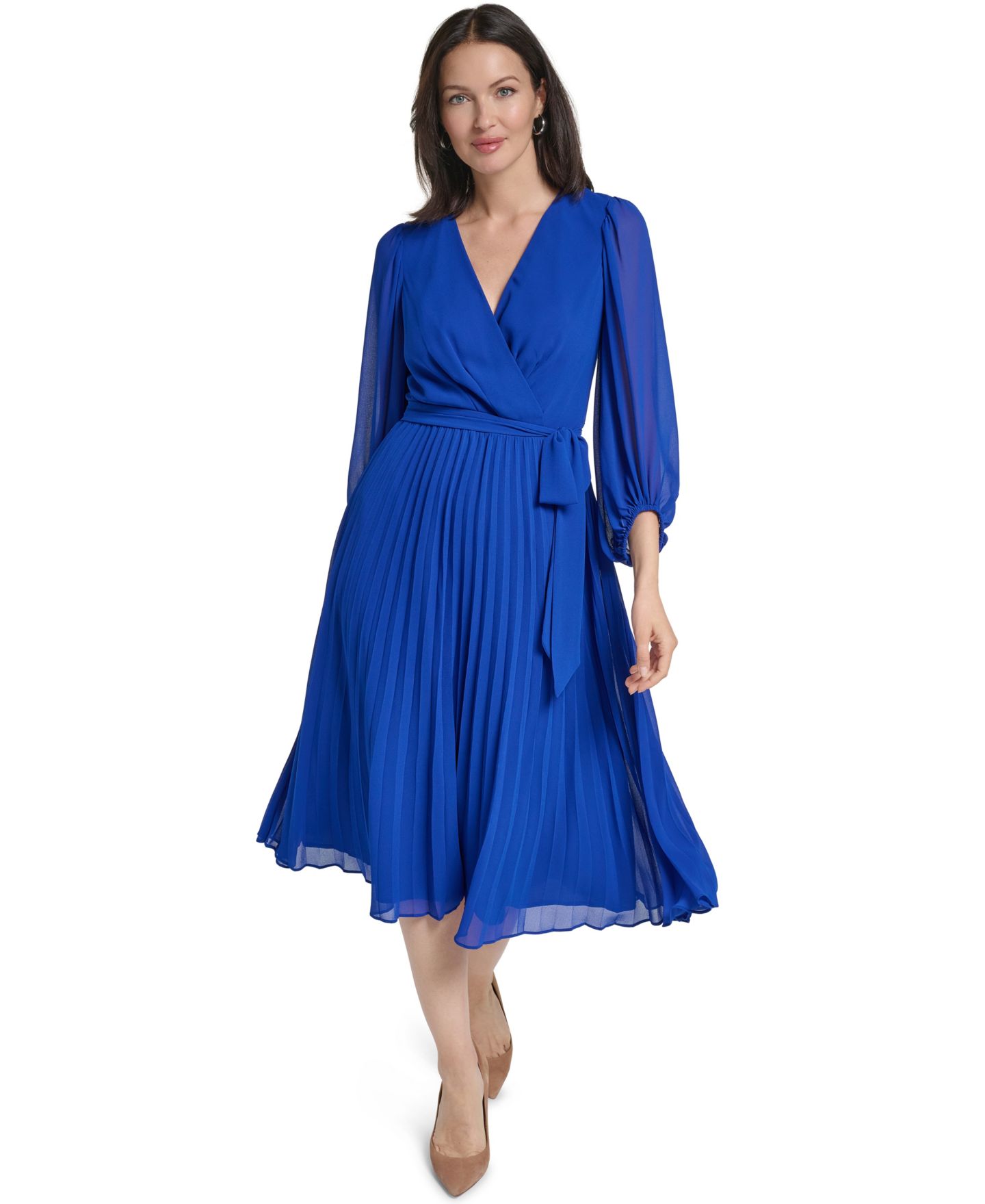 Женское платье Jessica Howard 3/4 Ballon Pleated V-Neck Surplice Midi, цвет: Кобальтовый — фото 1
