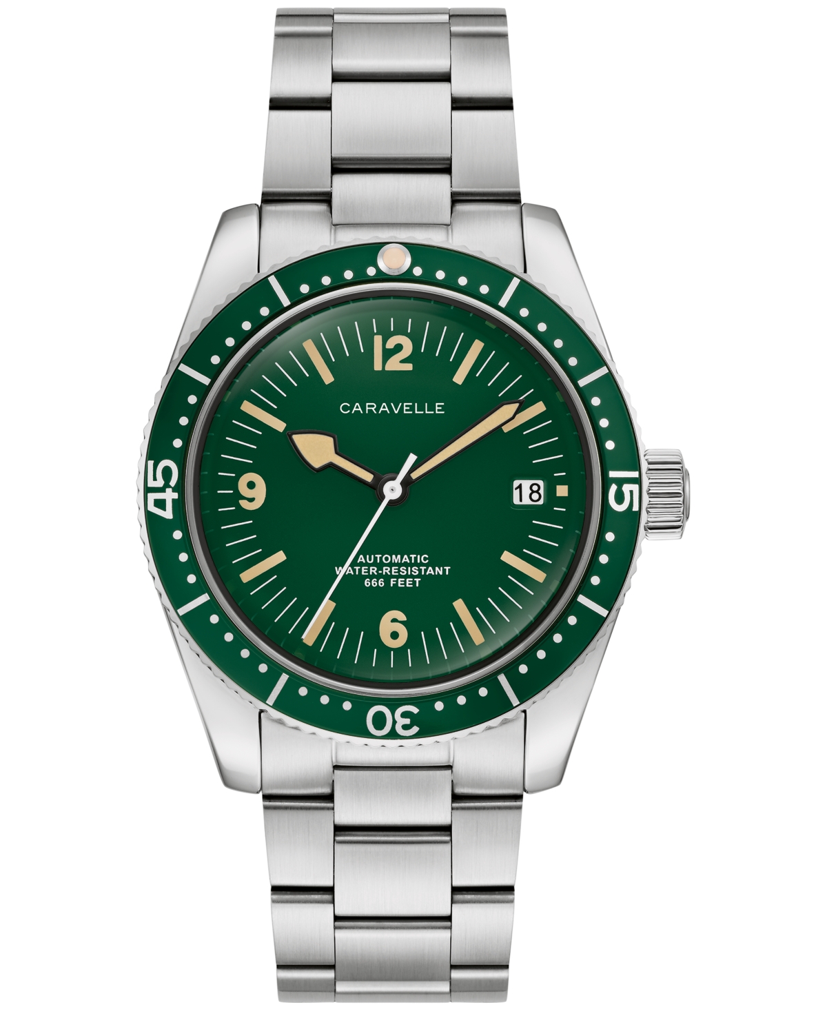Caravelle Men's Automatic Sea Hunter Date Silver-Tone Stainless Steel Bracelet Watch 39mm
