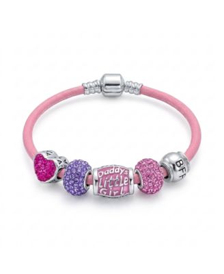 "Daddys Girl" Word Charm Bead Bracelet Leather .925 Sterling Silver
