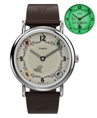 Unisex Slytherin House Quartz Analog Indiglo Brown Leather Watch 38mm