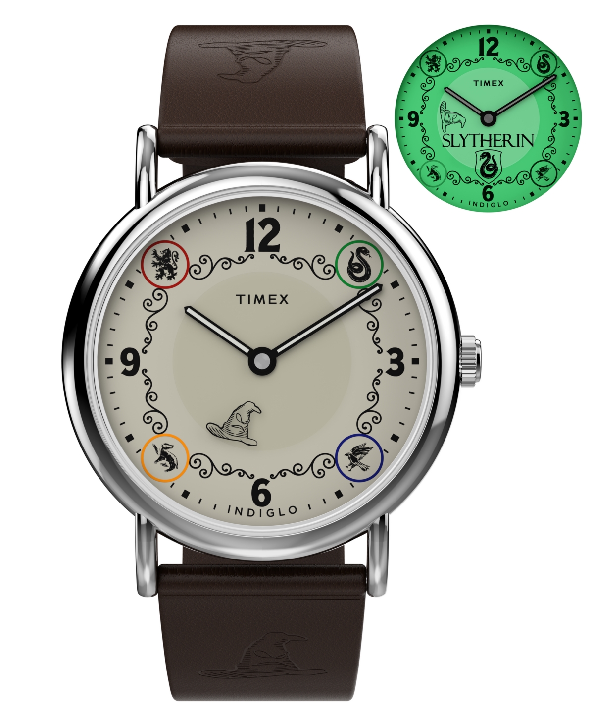 Timex Unisex Slytherin House Quartz Analog Indiglo Brown Leather Watch 38mm