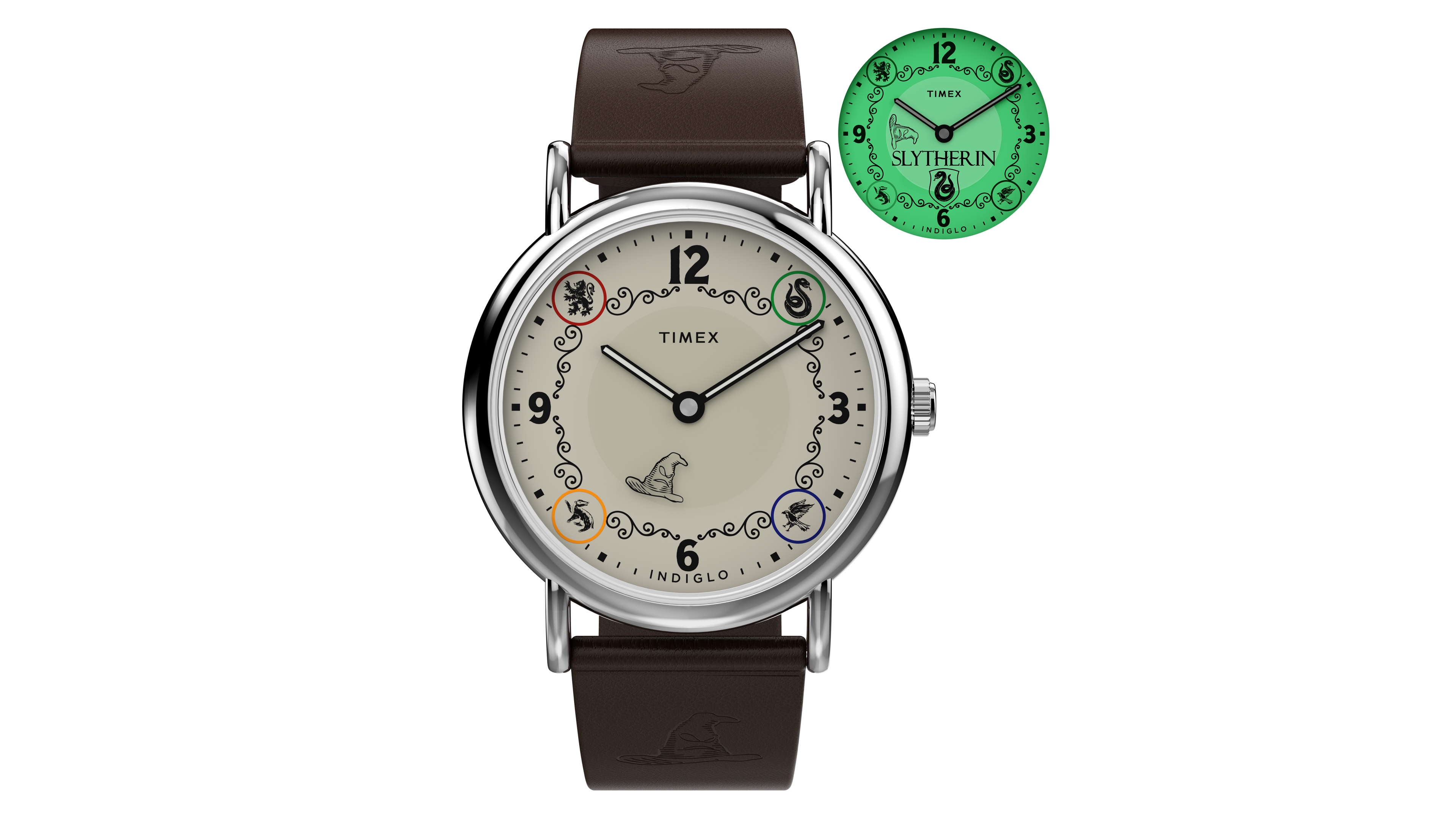 Timex Unisex Slytherin House Quartz Analog Indiglo Brown Leather Watch 38mm