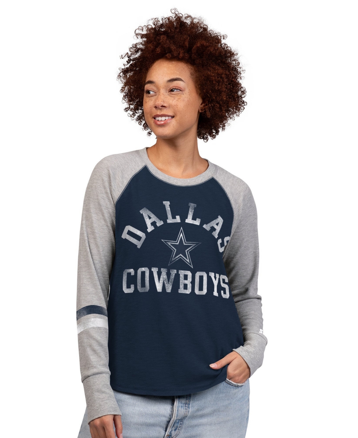 Starter Women's Navy Dallas Cowboys Waffle Raglan Long-Sleeves T-Shirt - Navy, Gray