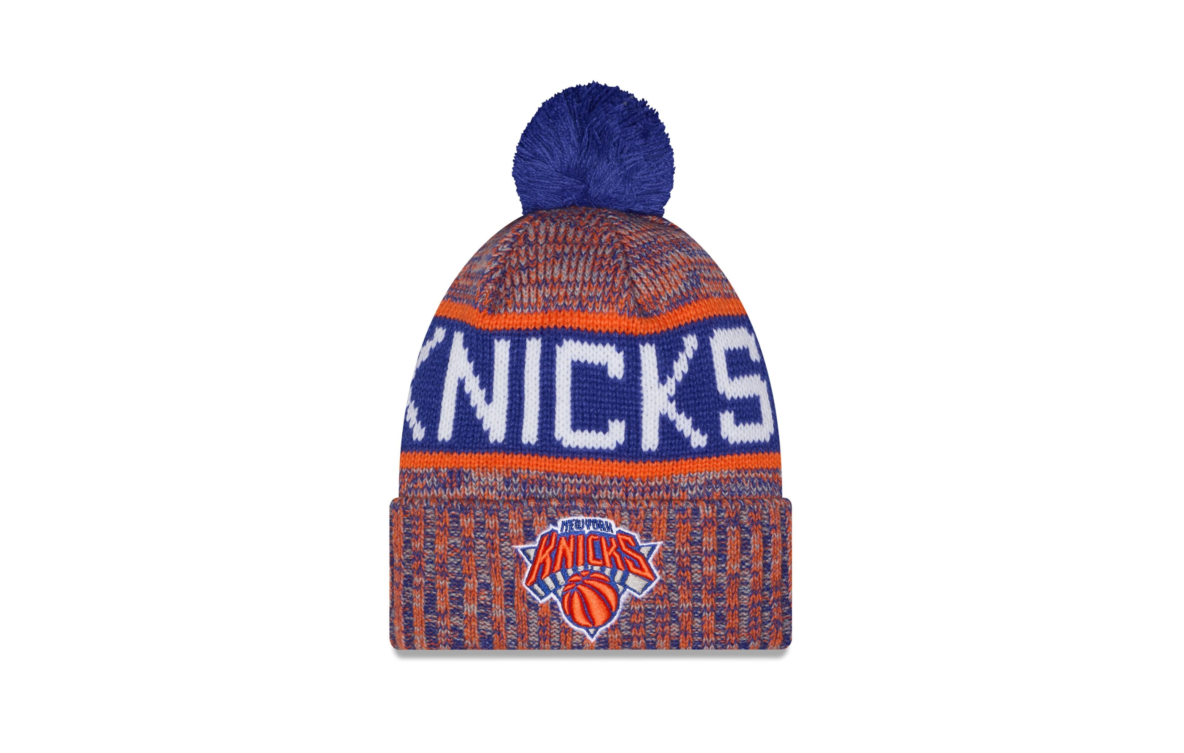 New Era Big Boys' and Girls' Orange New York Knicks Tri-Color Cuffed with Pom Knit Hat