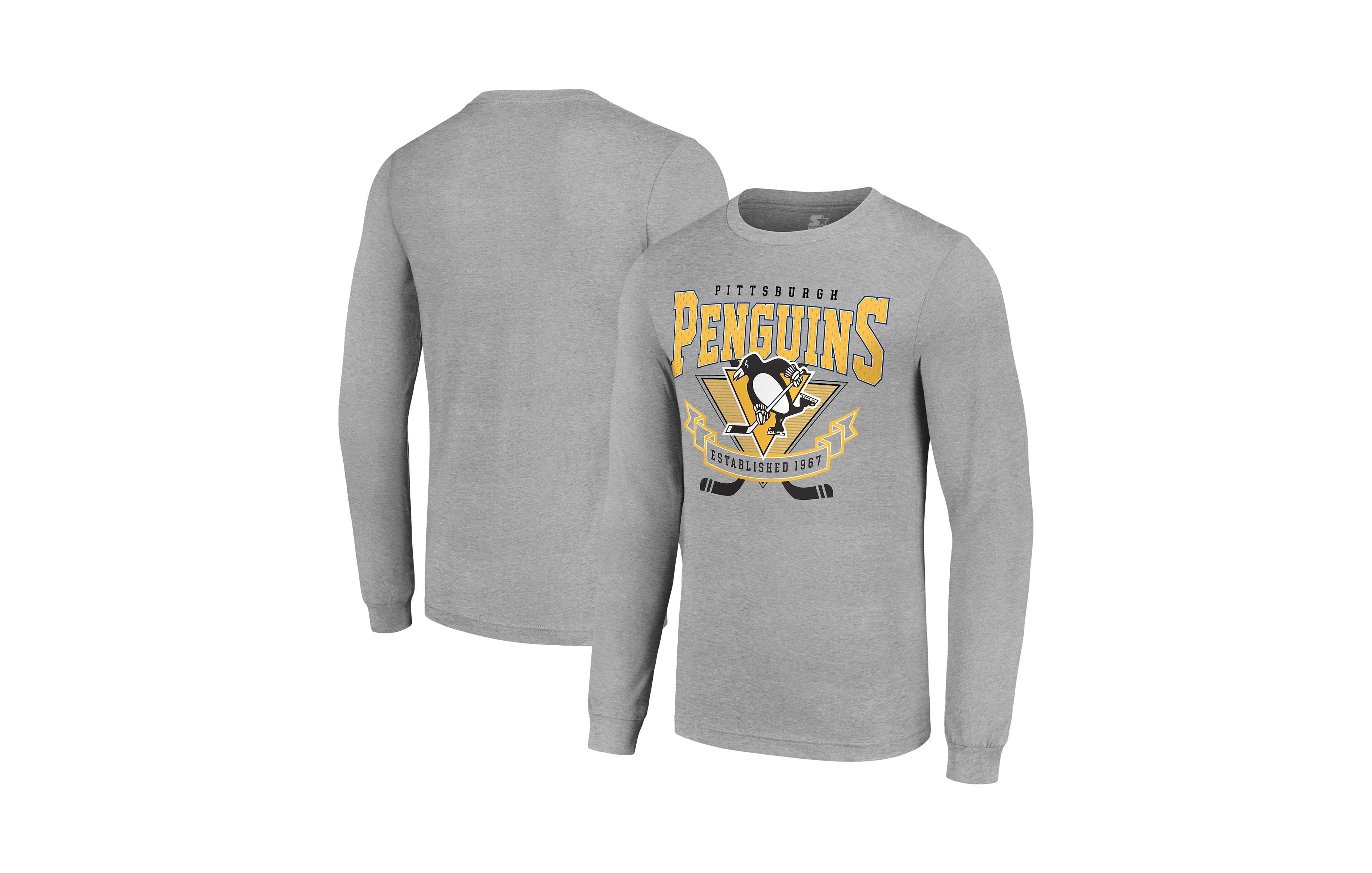 Starter Men's Heather Gray Pittsburgh Penguins '80s Inspired Team Logo Long-Sleeves T-Shirt