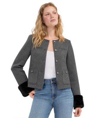 Women's Faux Fur Cuff Herringbone Stripe Collarless Jacket