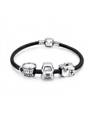 Road Trip Keepsake Bead Charm Bracelet Black Leather .925 Sterling Silver