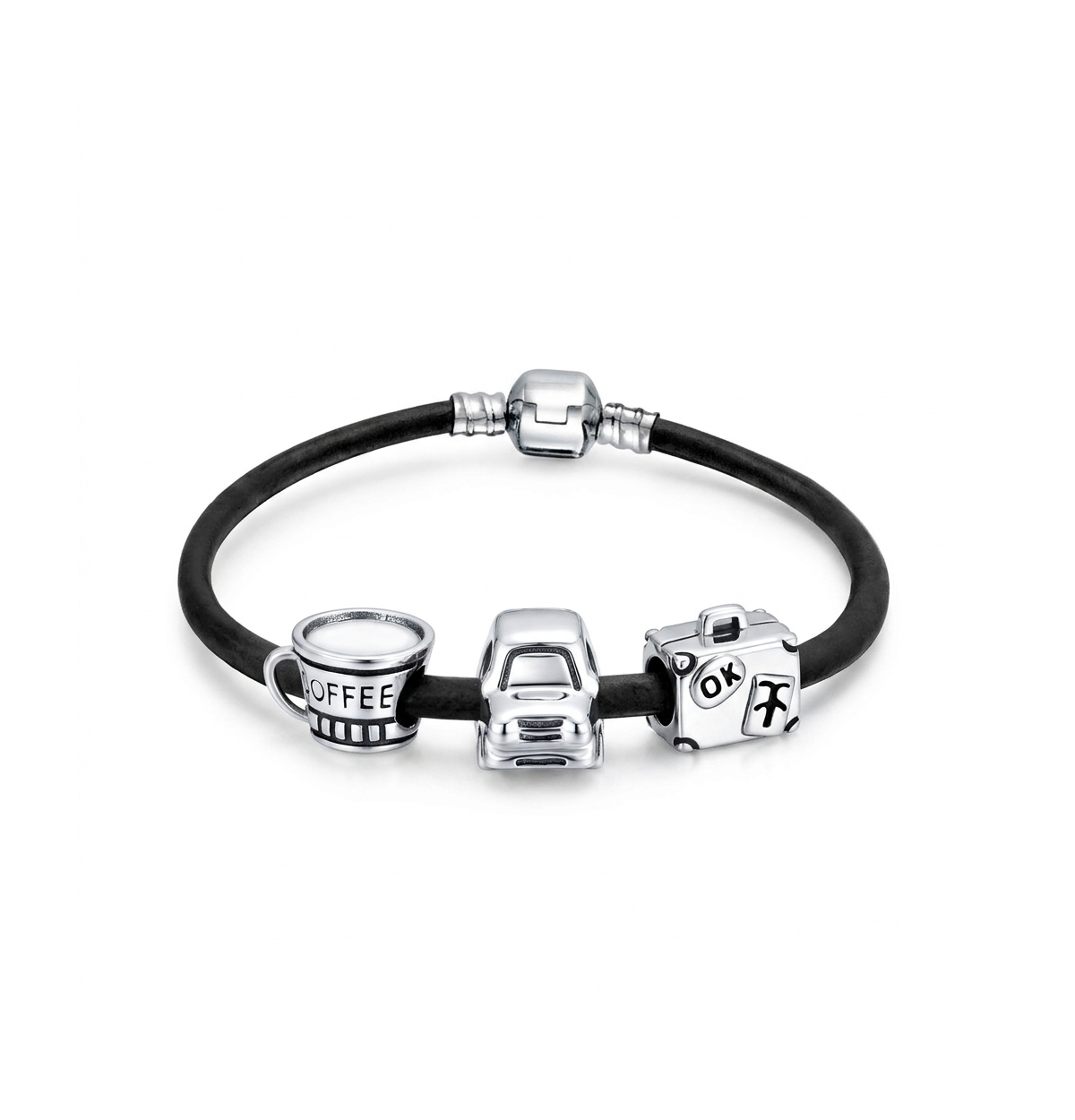 Bling Jewelry Road Trip Keepsake Bead Charm Bracelet Black Leather .925 Sterling Silver - Black