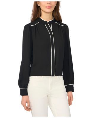 Women's Long-Sleeve Open-Collar Blouse with Contrast Piping