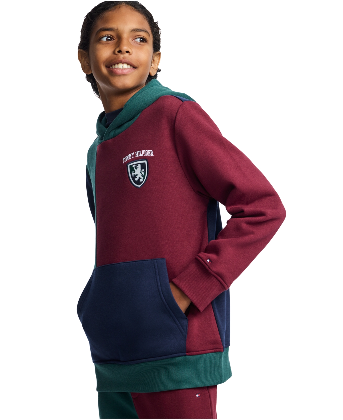 Tommy Hilfiger Boys' 8-20 Griffin Badge Colorblock Kangaroo Pocket Cotton-Polyester Blend Pullover Hoodie