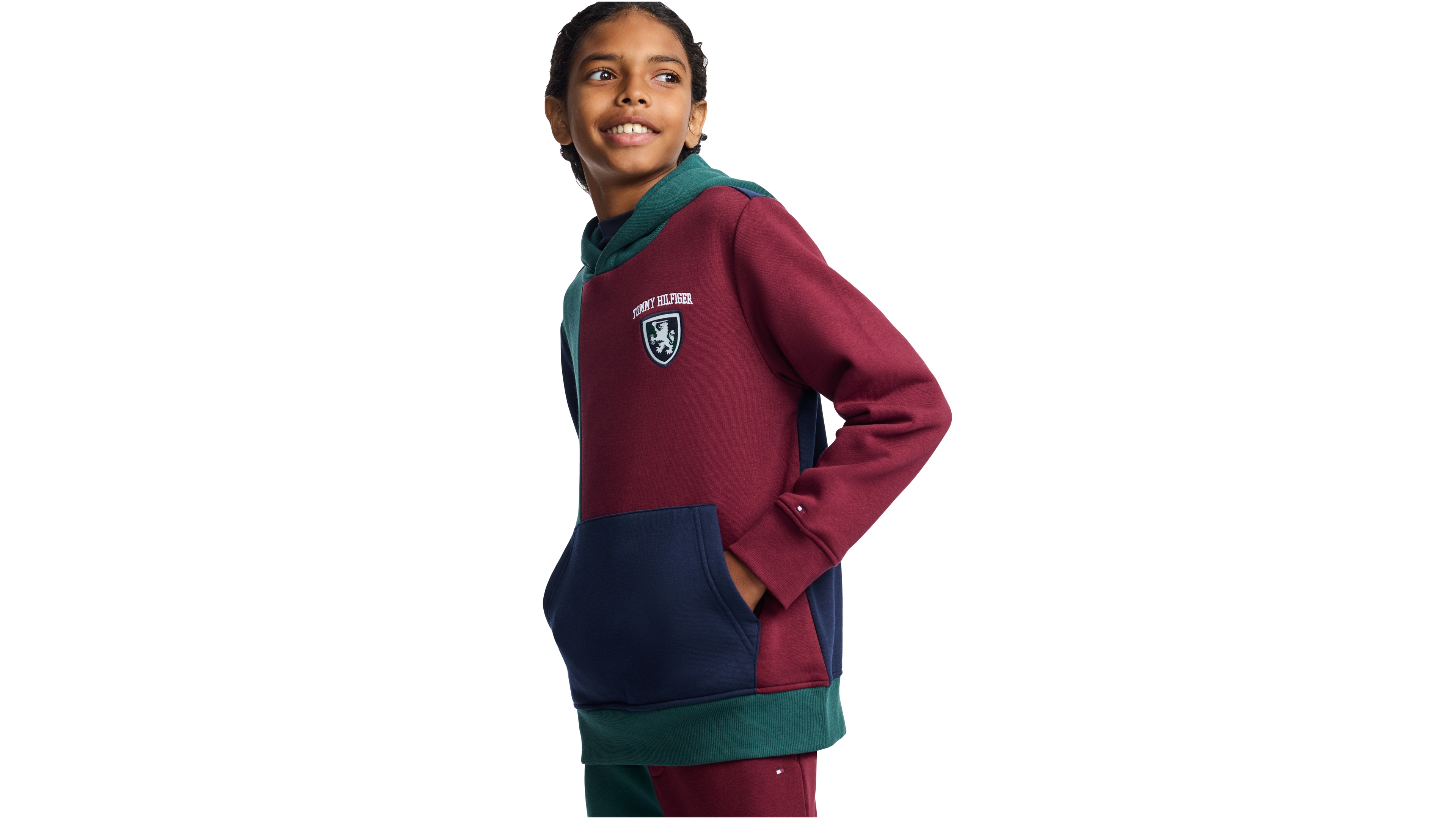 Tommy Hilfiger Boys' 8-20 Griffin Badge Colorblock Kangaroo Pocket Cotton-Polyester Blend Pullover Hoodie
