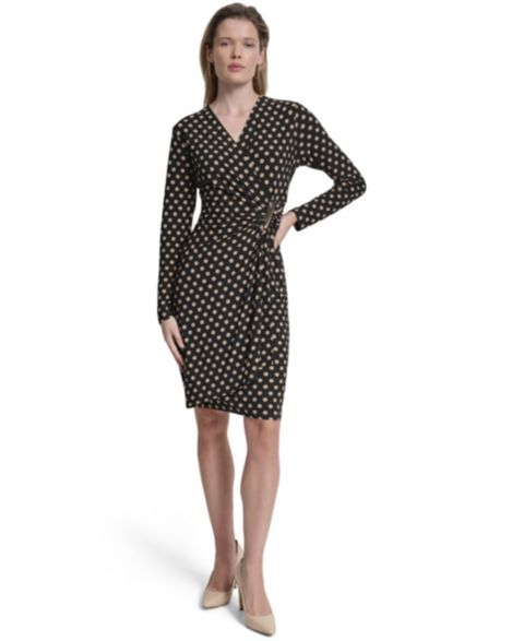 Женское платье DKNY Long-Sleeve Knee Length, цвет: Чёрный / Песочный