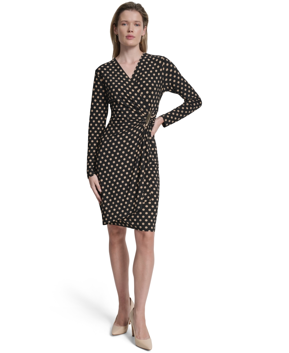 Dkny Women's Long Sleeve Faux Wrap Polka Dot Knee Length Dress