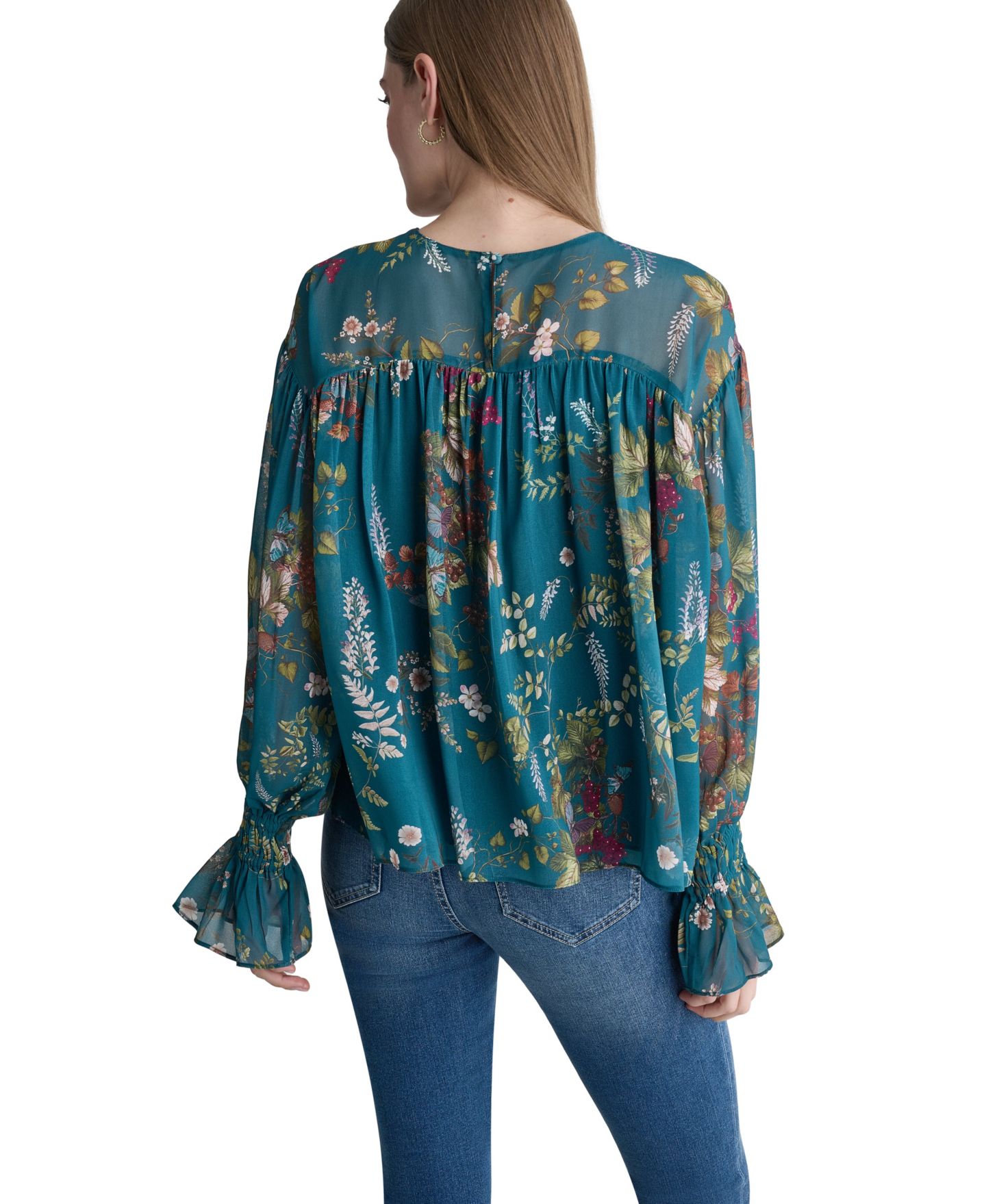 Женская блузка BCBG Drop-Shoulder Chiffon Crew Neck Long Sleeve, цвет: Королевский синий бирюзовый разноцветный — фото 5
