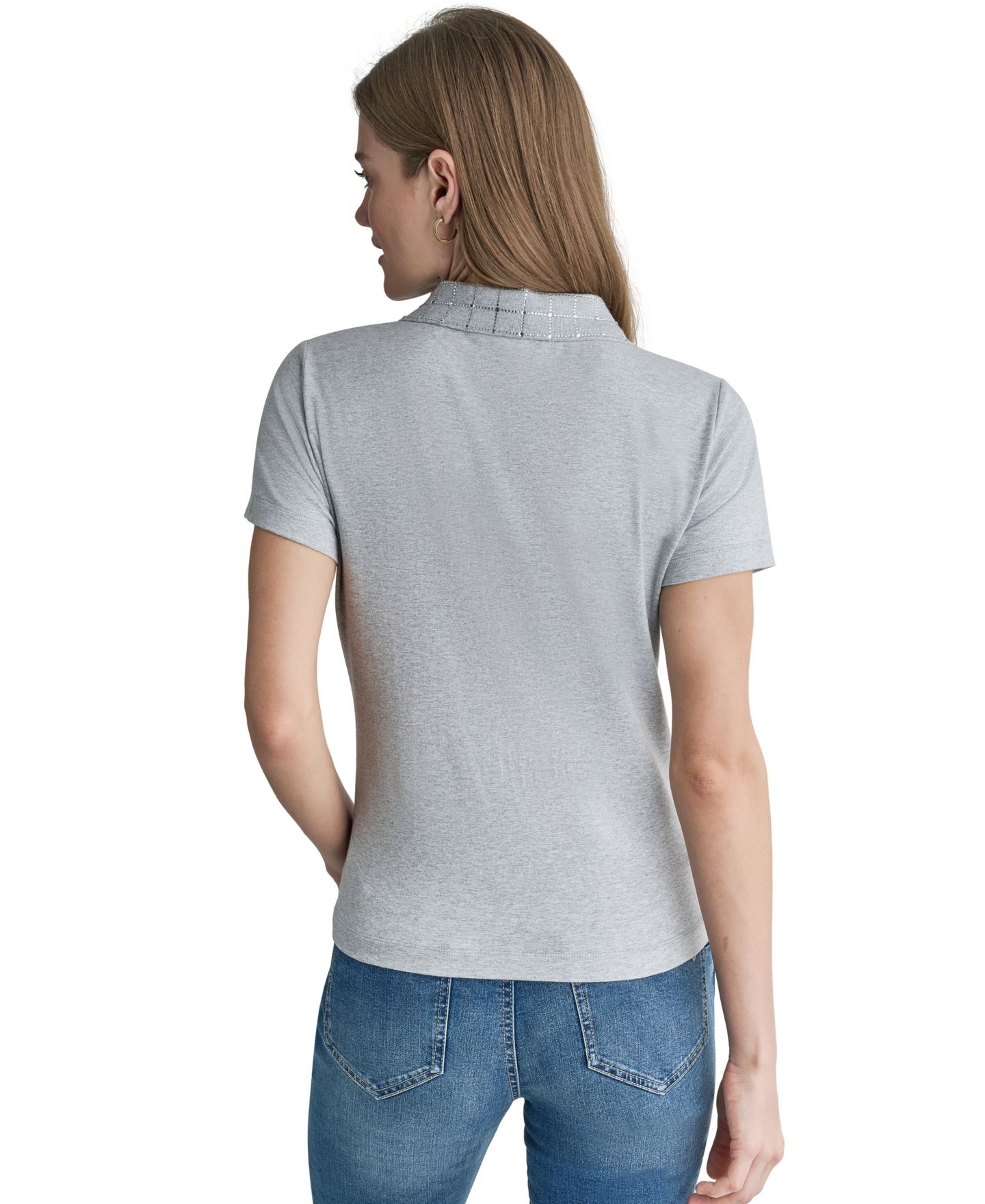 Женское поло BCBG Embellished Short-Sleeve Polo, цвет: Каменный серый меланжевый — фото 4