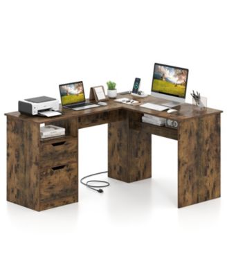 L-Shaped Executive Desk with Power Outlets, Drawers and Bookshelf for Working