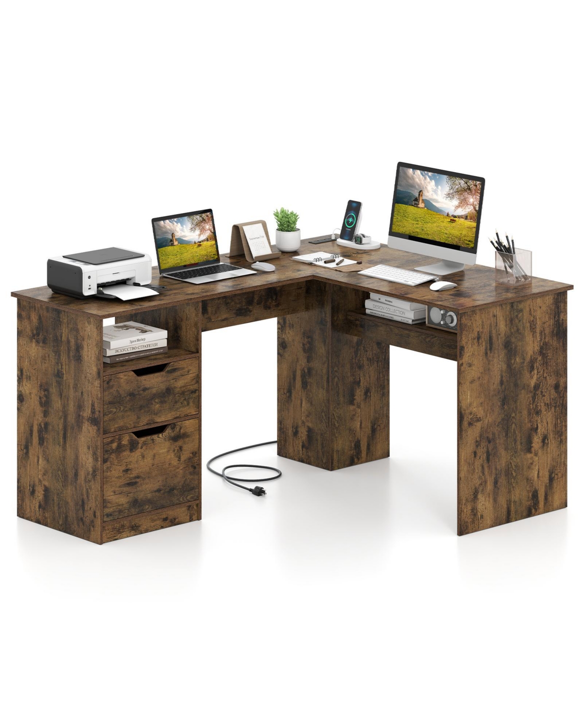 Costway L-Shaped Executive Desk with Power Outlets, Drawers and Bookshelf for Working - Brown