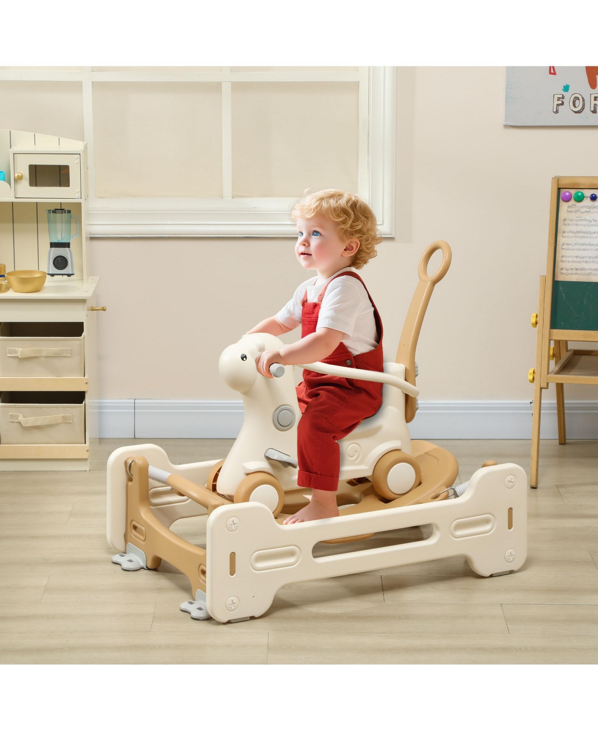 Sevorley Alpaca Rocking Horse with Rolling Wheels, Button-Activated Noises, 66 lbs, Ages 1+ - White, brown