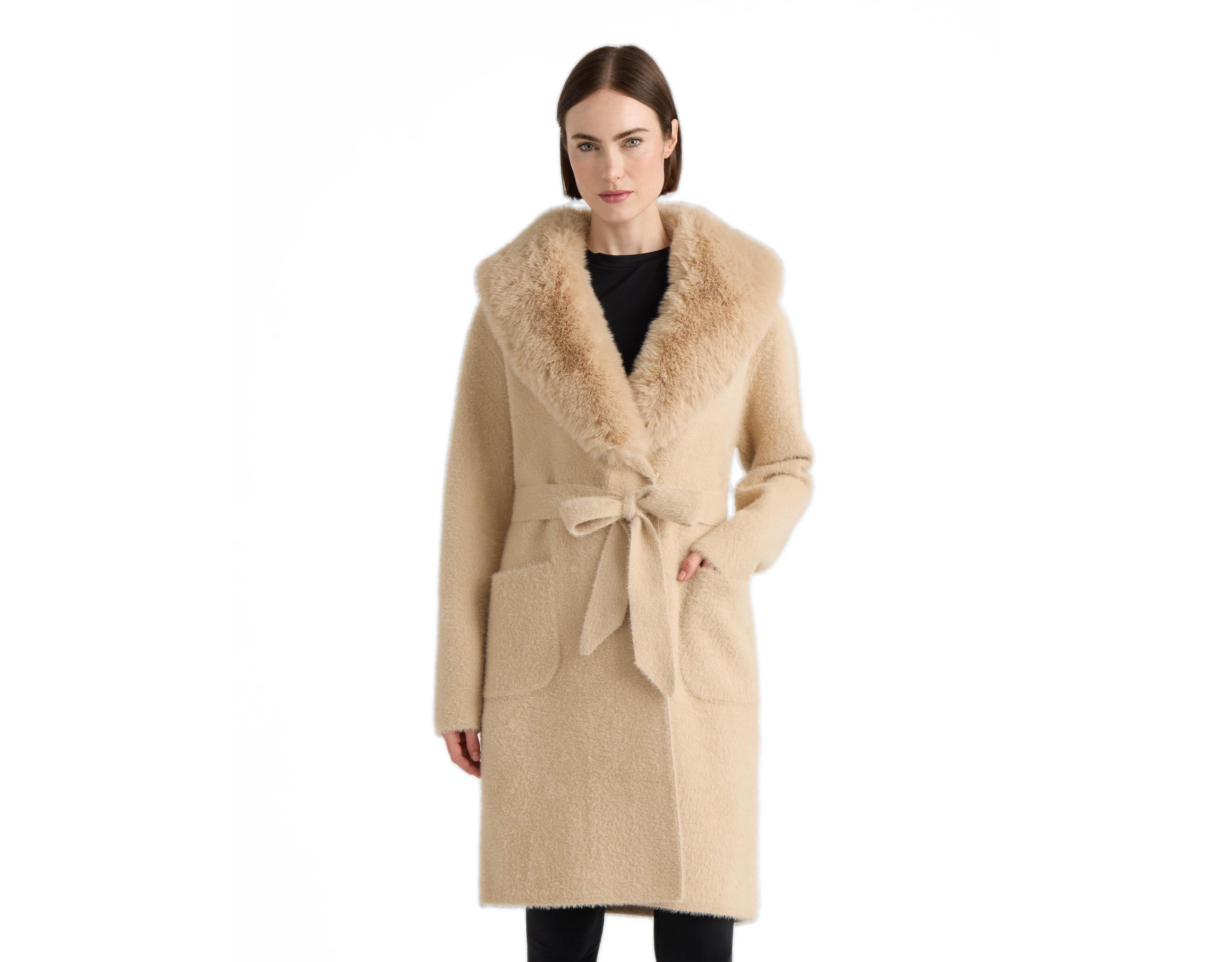 Nvlt Women's Eyelash Shawl Collar Faux Fur Belted Coatigan