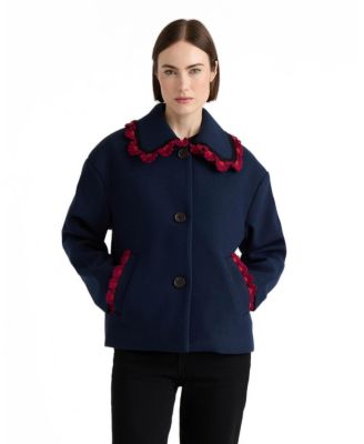 Women's Faux Wool Single Breasted Jacket with Crochet Trims