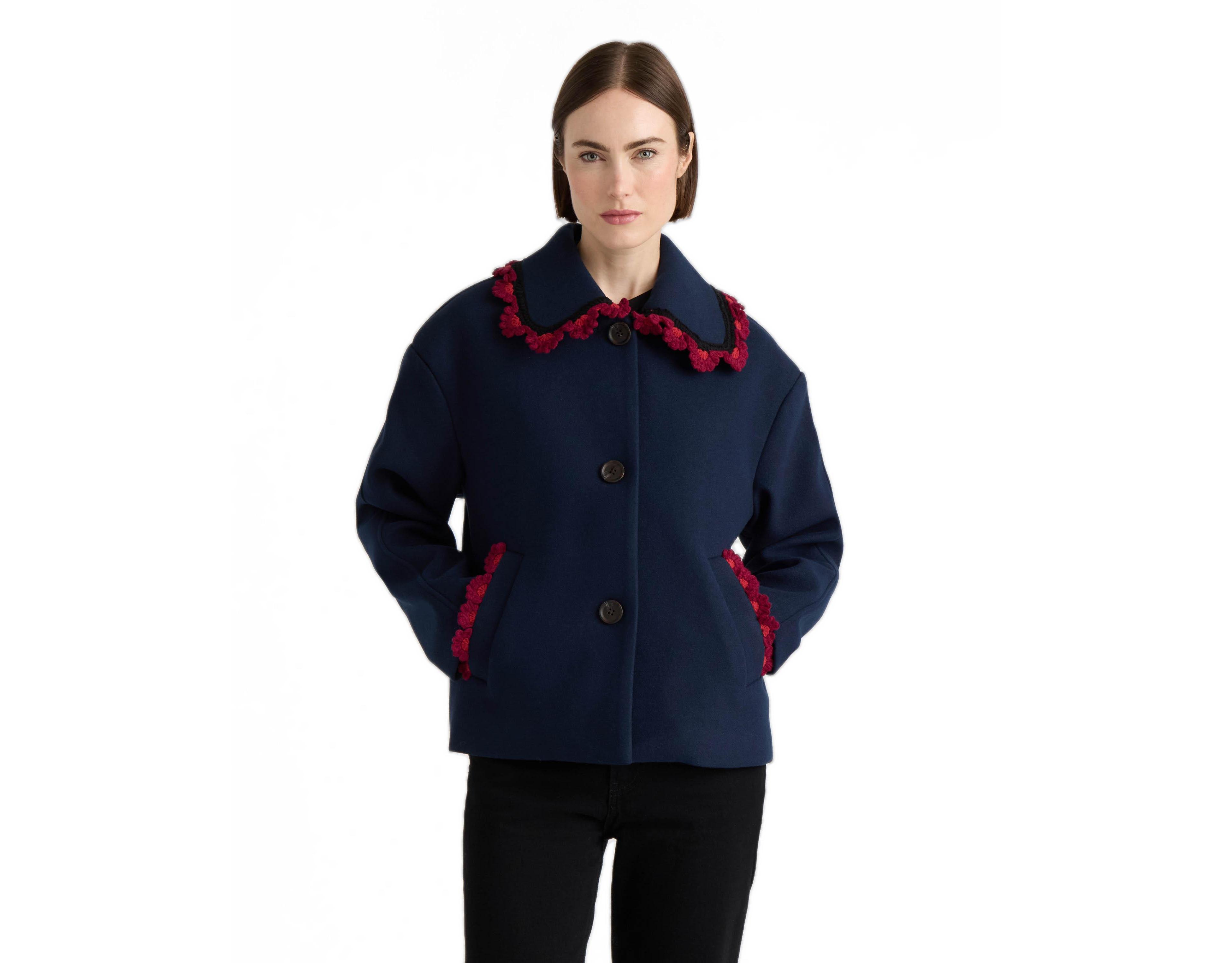Nvlt Women's Faux Wool Single Breasted Jacket with Crochet Trims