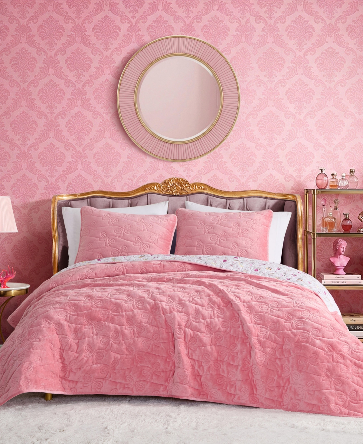 Betsey Johnson Tilted Bow Stitch Plush 2-Piece Quilt Set, Twin - Boho Pink-White