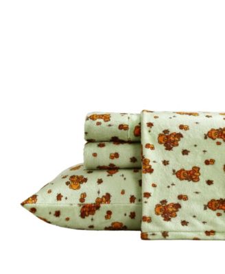Autumn Teddies Printed Plush Velvet 4-Piece Sheet Set, Queen