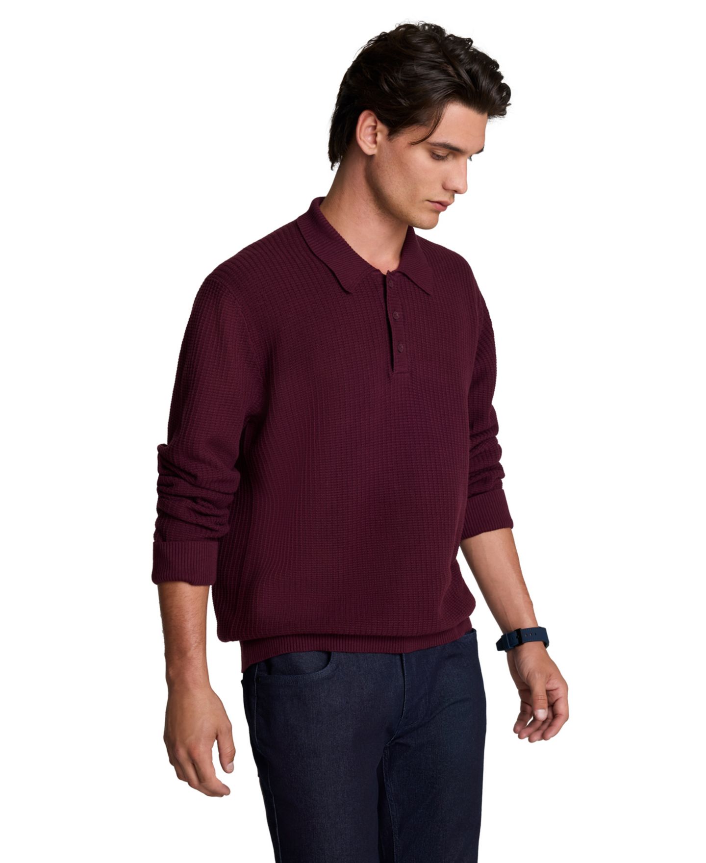 Мужское поло Kenneth Cole Long-Sleeve Textured Classic-Fit Polo Shirt, цвет: Инжирный — фото 3