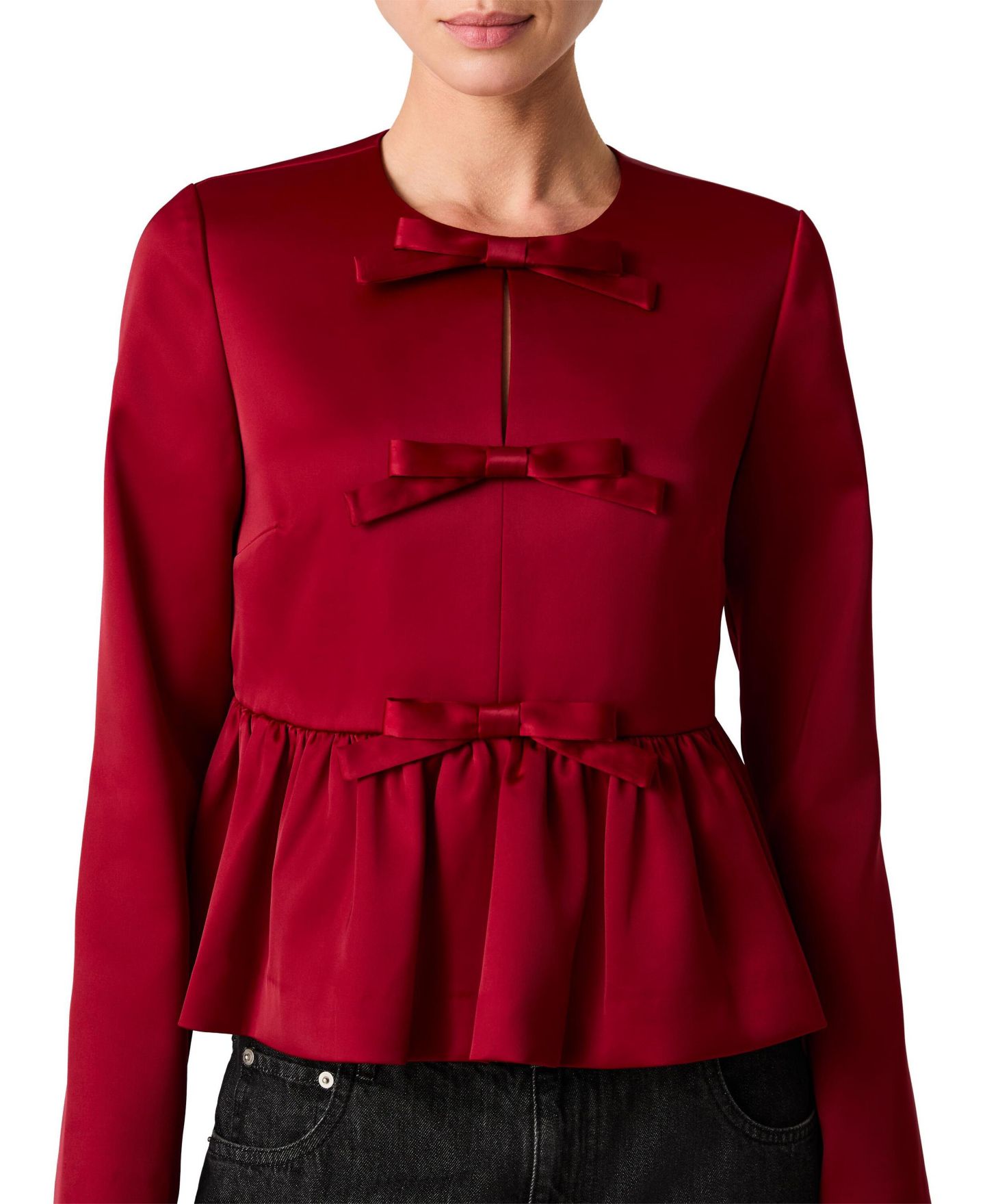 Женский топ French Connection Carey Satin Peplum Bow Long-Sleeve, цвет: Клюквенный — фото 4