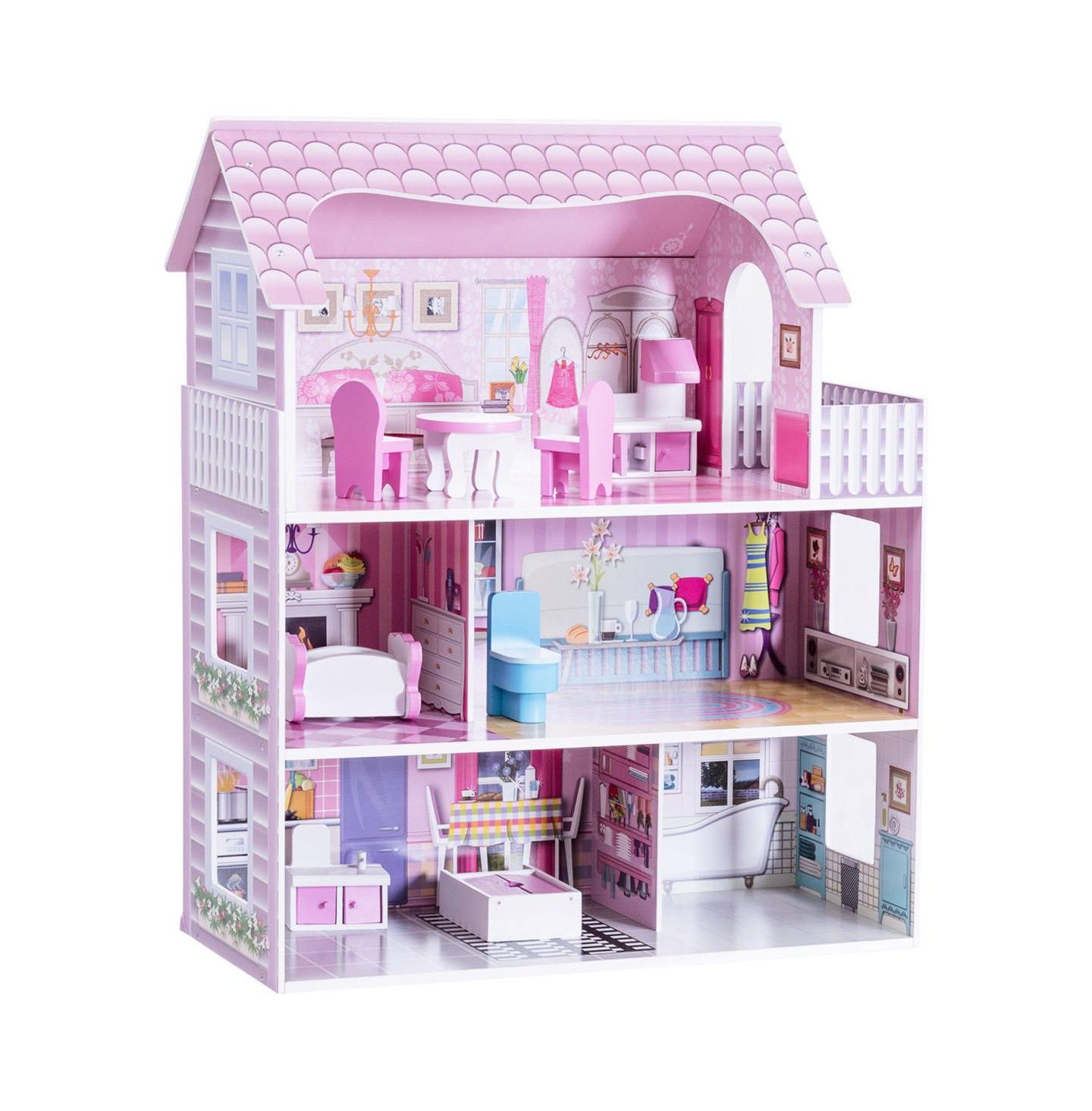 Детские аксессуары для кукол Mecale 28-in 3-Level Dollhouse with 5 Themed Rooms and 8 Furniture Pieces, Ages 3+, цвет: Розовый — фото 5